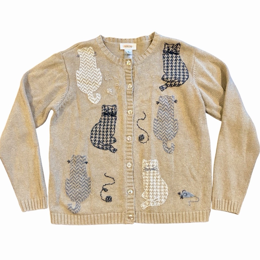 Talbots Vintage Cat Cardigan Beige Women's Sz M Cotton Yarn Whimsical Cottage
